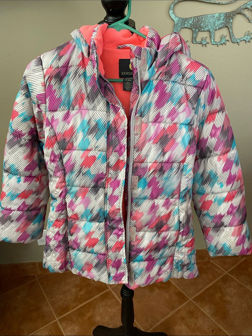 Xersion Girls Pink, Turquoise & White Multi-Color Hooded Puffer Jacket